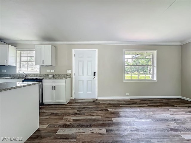 93 E Mariana Ave, North Fort Myers, FL 33917 - kitchen featuring crown molding, light stone counters, white cabinetry, and dark wood-style flooring