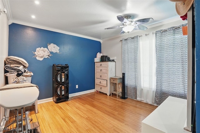 4903 Bygone St, Lehigh Acres, FL 33971 - bedroom with wood finished floors, crown molding, recessed lighting, and ceiling fan