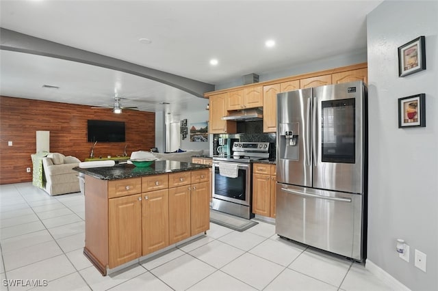 4903 Bygone St, Lehigh Acres, FL 33971 - kitchen featuring appliances with stainless steel finishes, under cabinet range hood, ceiling fan, light tile patterned floors, and recessed lighting