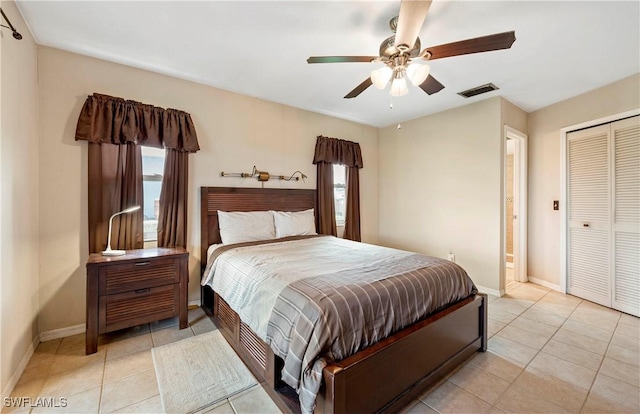 2012 SW 8th Ct, Cape Coral, FL 33991 - bedroom with baseboards, light tile patterned floors, ceiling fan, and a closet