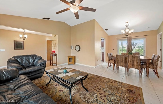 2012 SW 8th Ct, Cape Coral, FL 33991 - living room with a chandelier, vaulted ceiling, light tile patterned floors, ceiling fan, and baseboards