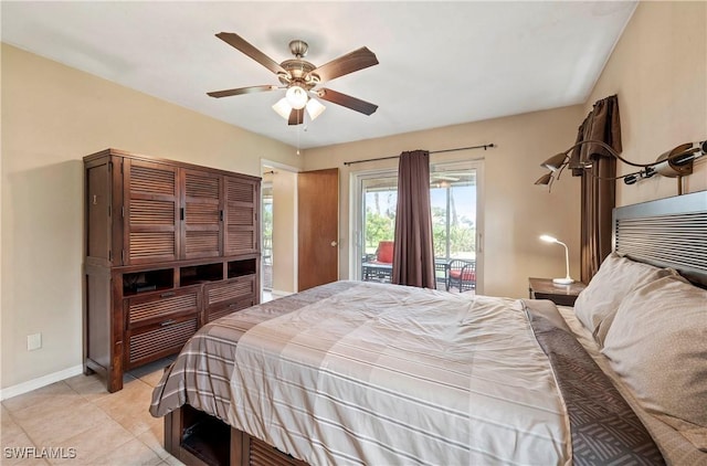 2012 SW 8th Ct, Cape Coral, FL 33991 - bedroom featuring access to exterior, light tile patterned floors, baseboards, and ceiling fan