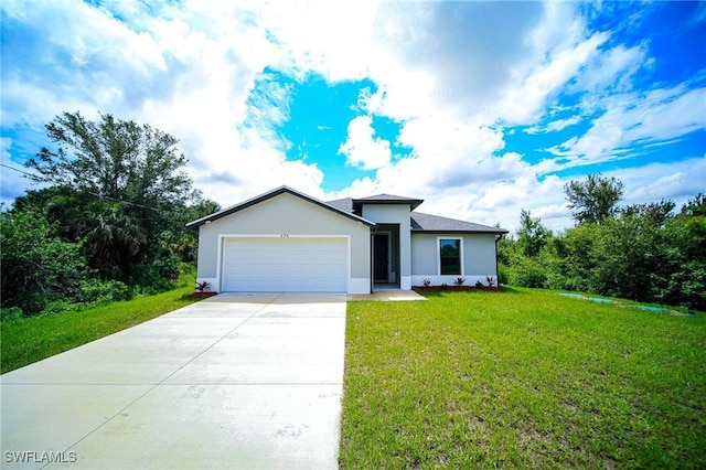 374 Pennfield St, Lehigh Acres, FL 33974 - ranch-style house featuring stucco siding, a garage, driveway, and a front lawn
