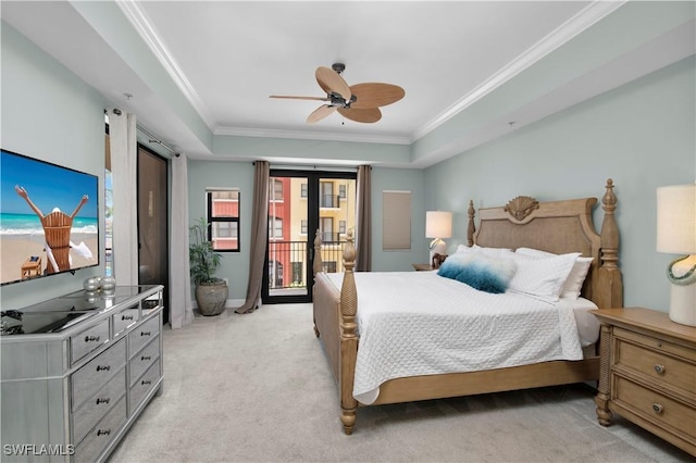 740 N Collier Blvd Unit 206, Marco Island, FL 34145 - bedroom featuring access to outside, crown molding, light colored carpet, a raised ceiling, and ceiling fan