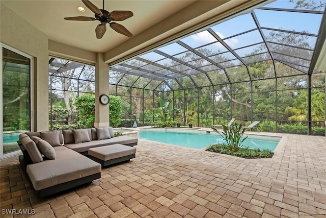 12147 Colliers Reserve Dr, Naples, FL 34110 - outdoor pool with a patio area, a ceiling fan, and a lanai