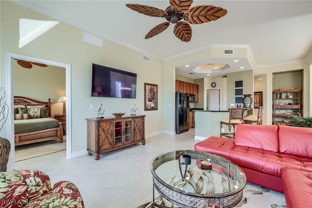 3881 Kens Way Unit 4301, Bonita Springs, FL 34134 - living area featuring a ceiling fan, light tile patterned floors, baseboards, crown molding, and recessed lighting