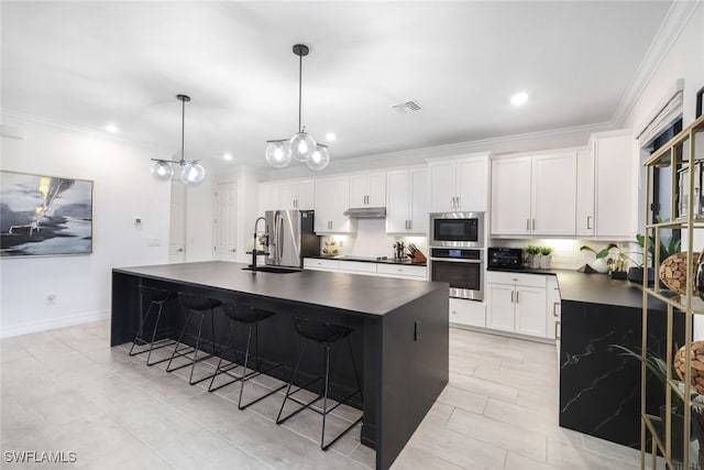 19477 The Place Blvd, Estero, FL 33928 - kitchen featuring dark countertops, a sink, under cabinet range hood, appliances with stainless steel finishes, and crown molding