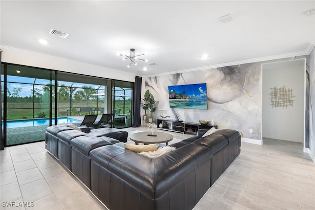 19477 The Place Blvd, Estero, FL 33928 - living room with ornamental molding, an accent wall, baseboards, and recessed lighting