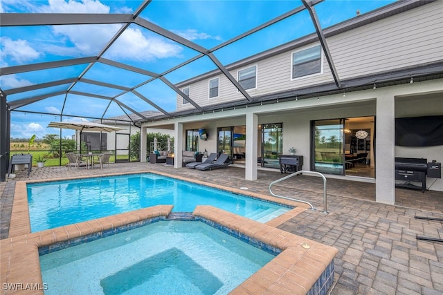 19477 The Place Blvd, Estero, FL 33928 - view of swimming pool featuring a patio, an outdoor living space, a pool with connected hot tub, glass enclosure, and outdoor dining space