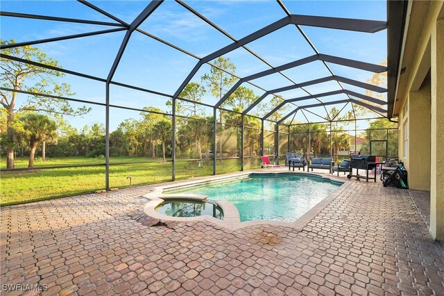 1640 Golden Gate Blvd W, Naples, FL 34117 - view of swimming pool featuring a yard, a patio area, a pool with connected hot tub, and a lanai