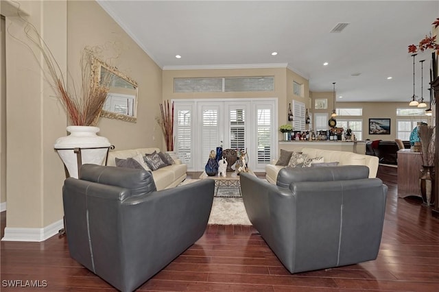 1640 Golden Gate Blvd W, Naples, FL 34117 - living room featuring dark wood-style floors, ornamental molding, and recessed lighting