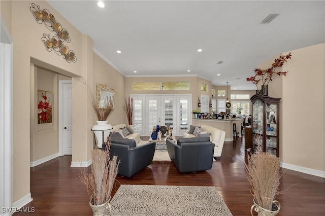1640 Golden Gate Blvd W, Naples, FL 34117 - living room with dark wood-style floors, recessed lighting, and ornamental molding