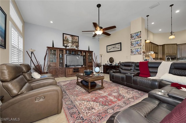 1640 Golden Gate Blvd W, Naples, FL 34117 - living room with ceiling fan, light tile patterned flooring, and recessed lighting