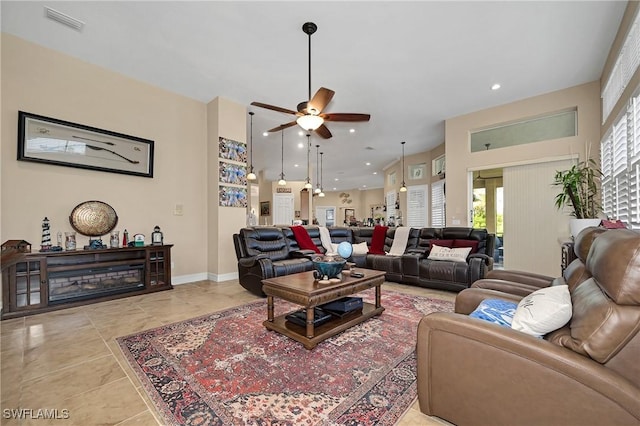 1640 Golden Gate Blvd W, Naples, FL 34117 - living room featuring a ceiling fan, plenty of natural light, recessed lighting, and light tile patterned flooring