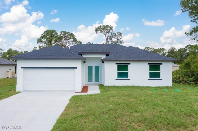 3417 71st St W, Lehigh Acres, FL 33971 - prairie-style house with french doors, roof with shingles, and stucco siding