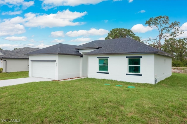 3417 71st St W, Lehigh Acres, FL 33971 - back of property with roof with shingles, driveway, a lawn, stucco siding, and a garage