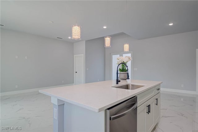 3417 71st St W, Lehigh Acres, FL 33971 - kitchen featuring dishwasher, light marble finish floors, a sink, recessed lighting, and light countertops