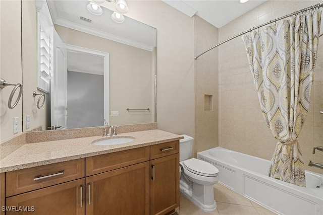 11950 Heather Woods Ct, Naples, FL 34120 - bathroom featuring toilet, vanity, shower / bathtub combination with curtain, crown molding, and tile patterned floors