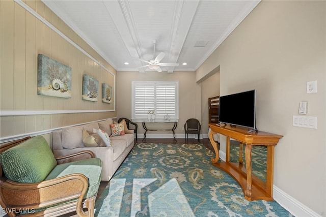 11950 Heather Woods Ct, Naples, FL 34120 - living area featuring ceiling fan, crown molding, beam ceiling, baseboards, and recessed lighting