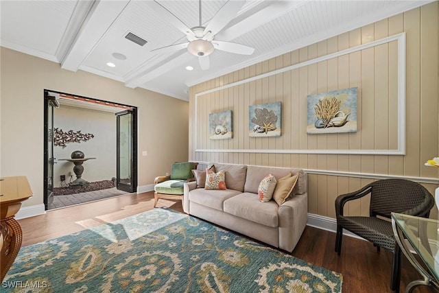 11950 Heather Woods Ct, Naples, FL 34120 - living room with a ceiling fan, beamed ceiling, wood finished floors, baseboards, and recessed lighting