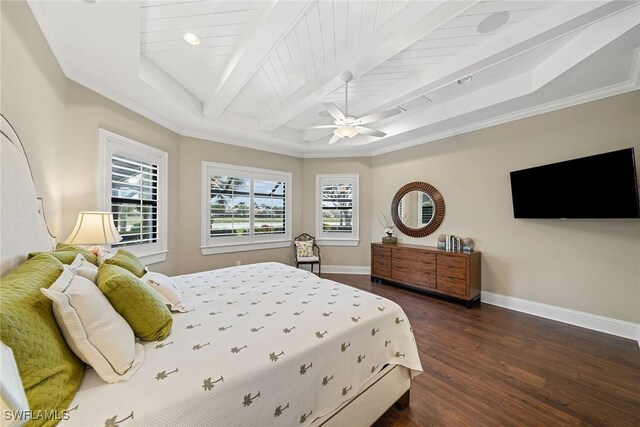 11950 Heather Woods Ct, Naples, FL 34120 - bedroom with baseboards, dark wood-style flooring, a ceiling fan, beam ceiling, and ornamental molding