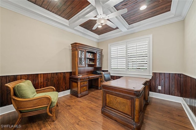 11950 Heather Woods Ct, Naples, FL 34120 - office area featuring ceiling fan, wainscoting, coffered ceiling, wood finished floors, and ornamental molding