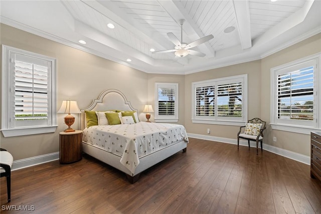 11950 Heather Woods Ct, Naples, FL 34120 - bedroom with multiple windows, hardwood / wood-style flooring, baseboards, recessed lighting, and wooden ceiling with exposed beams