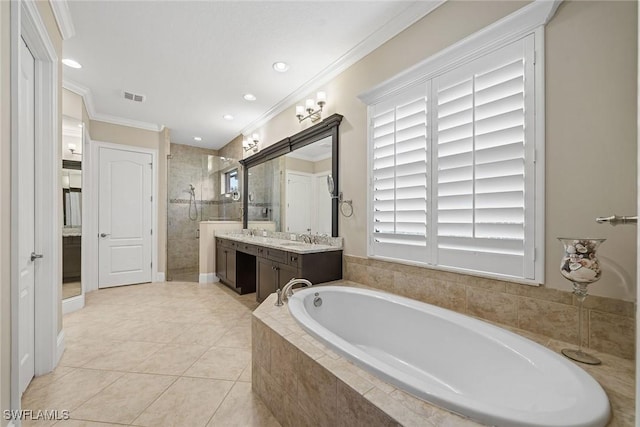 11950 Heather Woods Ct, Naples, FL 34120 - full bathroom with ornamental molding, a shower stall, a garden tub, double vanity, and tile patterned floors