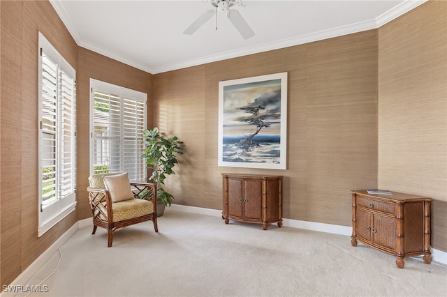 3051 Lancaster Dr Unit 4, Naples, FL 34105 - sitting room featuring baseboards, carpet floors, ceiling fan, and crown molding