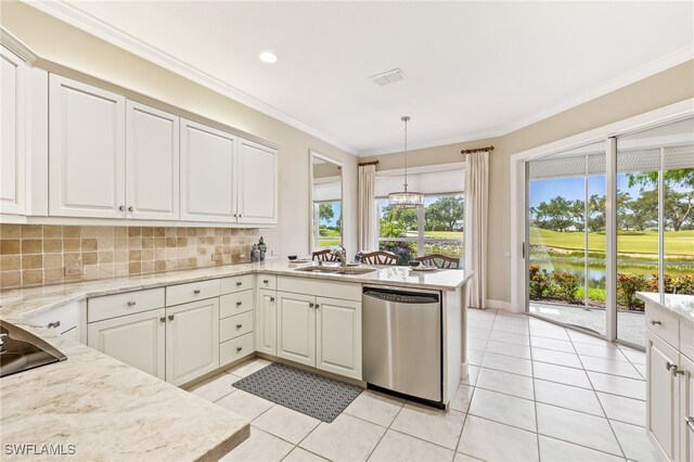 3051 Lancaster Dr Unit 4, Naples, FL 34105 - kitchen with stainless steel dishwasher, a sink, tasteful backsplash, white cabinets, and ornamental molding