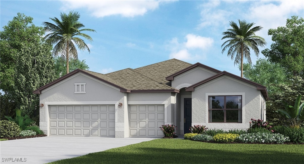 10475 Mineral Ct, North Fort Myers, FL 33917 - view of front of home featuring a garage, concrete driveway, stucco siding, a shingled roof, and a front lawn
