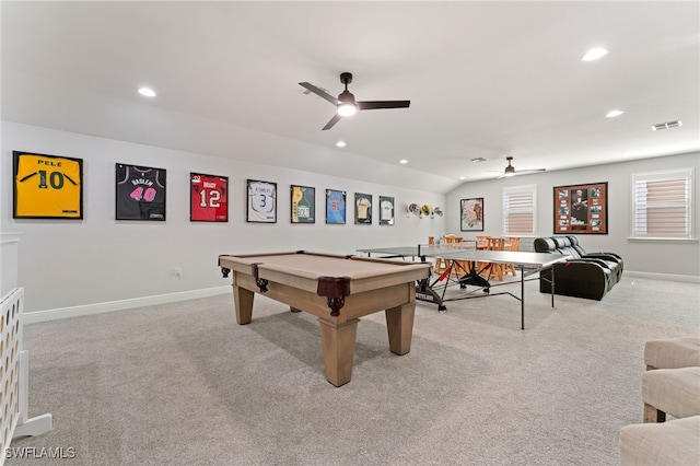rec room featuring ceiling fan, recessed lighting, billiards table, carpet, and lofted ceiling