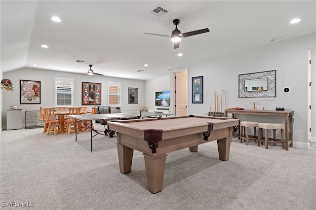 rec room with a ceiling fan, light carpet, recessed lighting, pool table, and vaulted ceiling