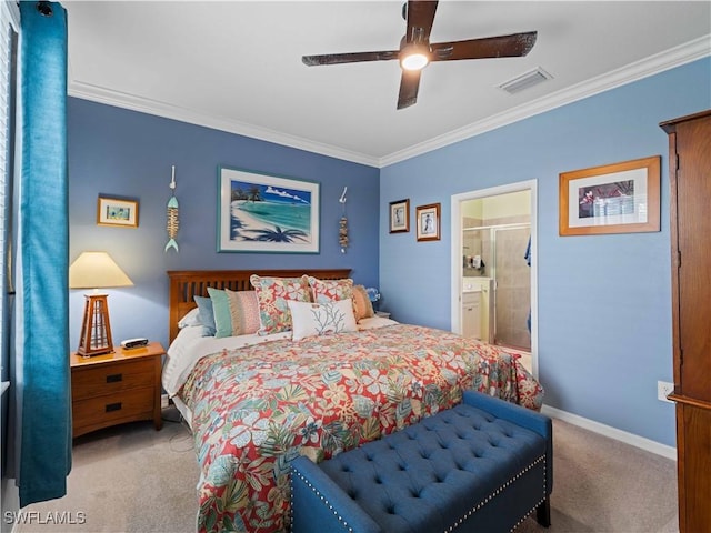 17857 Woodland Ct, Punta Gorda, FL 33982 - bedroom with carpet flooring, crown molding, a ceiling fan, and ensuite bath