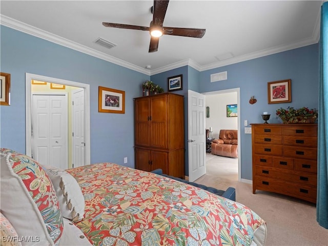 17857 Woodland Ct, Punta Gorda, FL 33982 - bedroom with light colored carpet, ornamental molding, a ceiling fan, and a closet