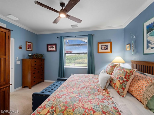 17857 Woodland Ct, Punta Gorda, FL 33982 - bedroom with light carpet, ornamental molding, and ceiling fan