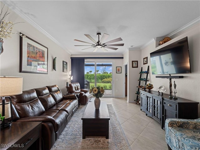 17857 Woodland Ct, Punta Gorda, FL 33982 - living area featuring ceiling fan, ornamental molding, and light tile patterned floors