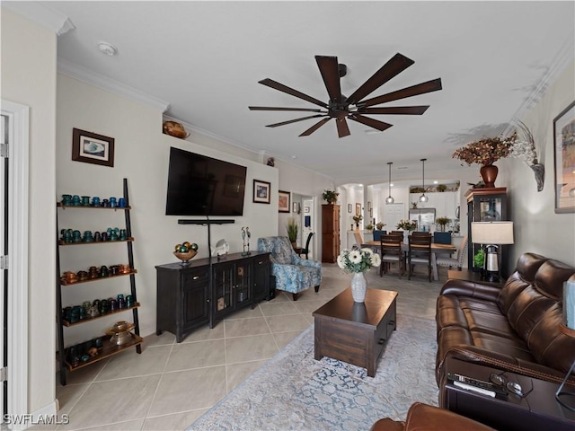 17857 Woodland Ct, Punta Gorda, FL 33982 - living room featuring ceiling fan, ornamental molding, and light tile patterned floors