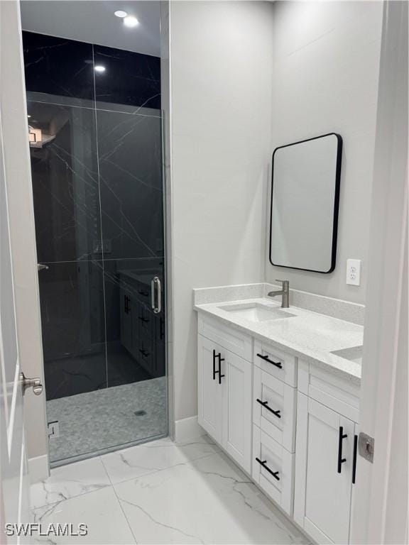 3003 18th St W, Lehigh Acres, FL 33976 - full bath with double vanity, marble look tiles, a marble finish shower, and recessed lighting