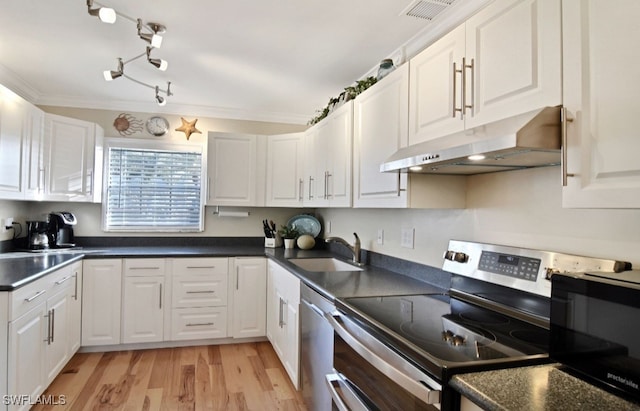 8780 Lueck Ln Unit 4, Fort Myers, FL 33919 - kitchen with appliances with stainless steel finishes, under cabinet range hood, a sink, white cabinets, and ornamental molding