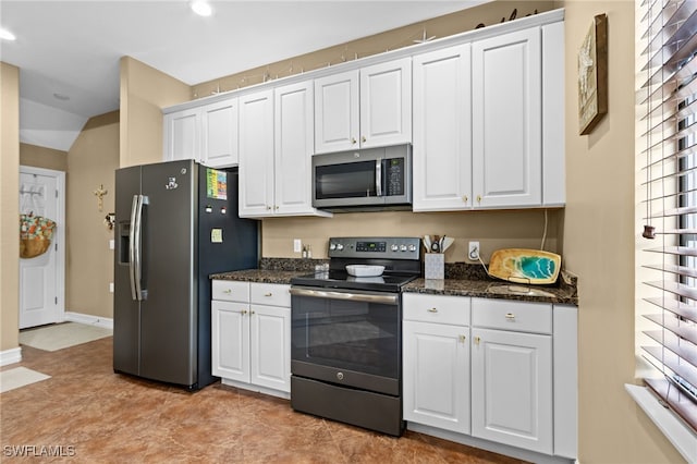 9114 Chula Vista Ln Unit 11901, Naples, FL 34113 - kitchen with stainless steel appliances, white cabinetry, recessed lighting, and dark stone counters