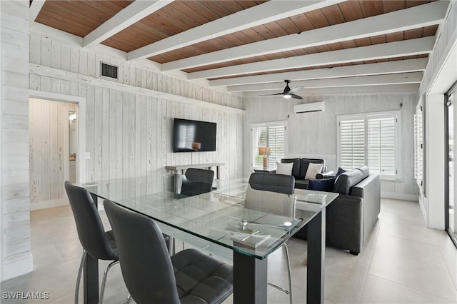 370 Bayland Rd, Fort Myers Beach, FL 33931 - dining space with an AC wall unit, wooden walls, ceiling fan, and a wood ceiling with exposed beams
