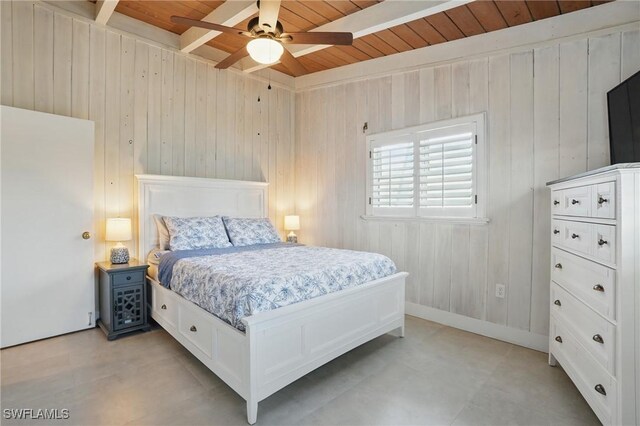 370 Bayland Rd, Fort Myers Beach, FL 33931 - bedroom with a wooden ceiling with exposed beams, wooden walls, and ceiling fan