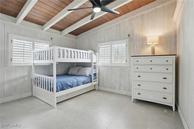 370 Bayland Rd, Fort Myers Beach, FL 33931 - bedroom with a wooden ceiling with exposed beams, wood walls, ceiling fan, and light floors
