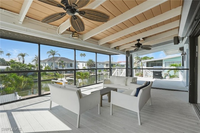 370 Bayland Rd, Fort Myers Beach, FL 33931 - sunroom / solarium with a ceiling fan, healthy amount of natural light, beam ceiling, and outdoor lounge area