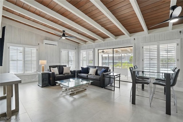 370 Bayland Rd, Fort Myers Beach, FL 33931 - living room with a ceiling fan, an AC wall unit, healthy amount of natural light, wooden walls, and wooden ceiling