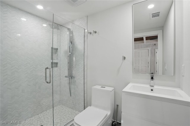 370 Bayland Rd, Fort Myers Beach, FL 33931 - bathroom with a stall shower, vanity, and recessed lighting