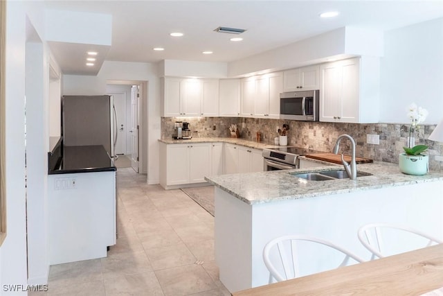 3430 27th Ave SW, Naples, FL 34117 - kitchen featuring stainless steel appliances, a sink, light stone countertops, tasteful backsplash, and a peninsula