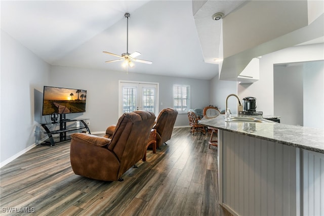 950 Moody Rd Unit 124, North Fort Myers, FL 33903 - living room featuring dark wood-style flooring, a ceiling fan, and lofted ceiling