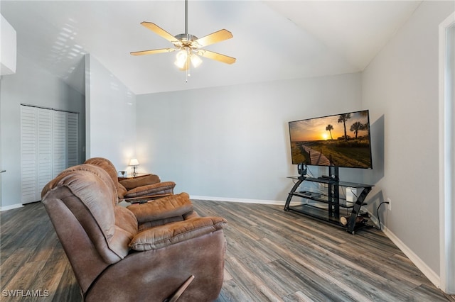 950 Moody Rd Unit 124, North Fort Myers, FL 33903 - living room featuring wood finished floors, ceiling fan, and lofted ceiling